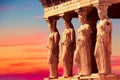 Detail of Caryatid Porch on the Acropolis uring colorful sunset in Athens, Greece. Ancient Erechtheion or Erechtheum temple. World Royalty Free Stock Photo