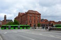 Detail of Central Station Malmo C, Central Railway Station with green articulated bus Ledbuss, Malmo, Sweden