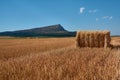 cereal bale in the foreground in a harvested field