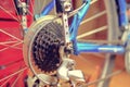 Detail of change- speed on bicycle. Bike speed changing assembly. Rear wheel. Steel bicycle chain. Transmission gears Royalty Free Stock Photo