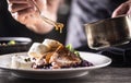 Detail of chef& x27;s hand pouring sauce over pork slice with dumplings and red cabbage Royalty Free Stock Photo