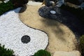 Detail of Chinese Yin and Yang symbol of contrary and complementary forces made as stone decoration with pathway in Mu-Shin garden