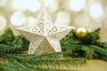 Detail of Christmas decor. Christmas toy star and twigs of tree on festive golden background.