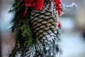 Christmas decoration cones and red ribbons, Royalty Free Stock Photo