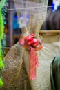 Detail of christmas ornament. Red balls and ribbon Royalty Free Stock Photo