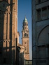 Detail of a church bell tower in the Italian city of Parma Royalty Free Stock Photo