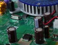 Detail of the circuits, cables and boards inside a cpu from a pc computer.