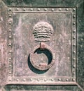Detail of the circular door knocker of a iron gate.