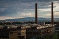 Detail of city Ceske Budejovice in sunset with old foundry, Czech republic