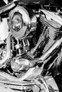 Detail of a classic american motorcycle. Black and white photo. Royalty Free Stock Photo