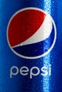 Detail of classic Pepsi can on black background. Studio shot in Bucharest, Romania, 2021 Royalty Free Stock Photo
