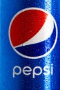 Detail of classic Pepsi can with water droplets on black background. Studio shot in Bucharest, Romania, 2021 Royalty Free Stock Photo