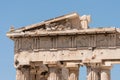 Detail of Doric style columns and frieze. Classical greek architecture, from Acropolis in Athens