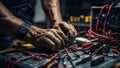 Detail close up of Electrician installing electric cable wires and fuse switch box with multimeter in hands Royalty Free Stock Photo