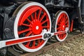 Detail and close up of huge wheels at one old german steam locomotive Royalty Free Stock Photo