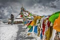 Photographer shoot Tibetan prayer flags in snow moutain Royalty Free Stock Photo