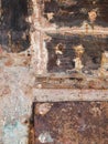 Detail and closeup of old and colored boat wooden hull, old painting with cracks and wood texture Royalty Free Stock Photo