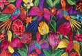 Detail of a colorful fabric from Chiapas, Mexico. Entirely handmade designs of flowers and birds of various colors