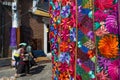 Detail of a colorful fabric which is weared by local people in a street market in the town of Chichicastenango, in Guatemala.