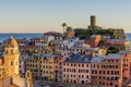 Detail of the colorful historical center of Vernazza at sunset, Cinque Terre, Liguria, Italy Royalty Free Stock Photo