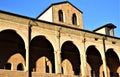 Detail with columns, of the upper part of the facade of a historic building in via Cesarotti in Padua, next to the Basilica del Sa