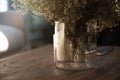 Detail composition of Dried Gypso flower in glass vase setting on vintage brown wood coffee table/scandinavian interior design