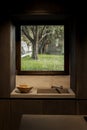 Detail of contemporary dark wooden kitchen with a sink beside a bowl. The garden-facing window offers a view of olive trees