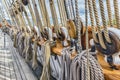 Detail of the cordage of a sailing ship, London, Uk