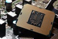 Detail of CPU on a PC Motherboard. High tech technology background Royalty Free Stock Photo