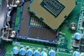 Detail of a CPU Processor over his Socket on a Motherboard. Printed Circuit Board - Computer Motherboard with Components. Close-up Royalty Free Stock Photo