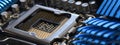 Detail of cpu socket on a modern computer motherboard. Electronic small component details. long banner web image Royalty Free Stock Photo