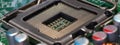 Detail of cpu socket on a modern computer motherboard. Electronic small component details. long banner web image Royalty Free Stock Photo