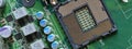 Detail of cpu socket on a modern computer motherboard. Electronic small component details. long banner web image Royalty Free Stock Photo