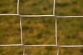 Detail of crossed soccer nets, soccer football in goal net with natural grass on football playground in the background Royalty Free Stock Photo