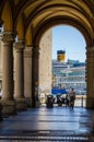 Detail of a cruise ship seen from the arcades