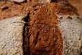 Detail of crust of artisanal bread showing the slash marks