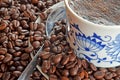 Detail of cup of coffee and pile of coffee beans Royalty Free Stock Photo