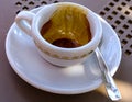 detail of cup of coffee. white cup with saucer, teaspoon. coffee break Royalty Free Stock Photo