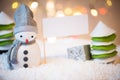 Detail of cute festive snowman with present and blank sign