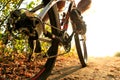 Detail of cyclist man feet riding mountain bike on outdoor Royalty Free Stock Photo