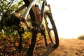 Detail of cyclist man feet riding mountain bike on outdoor Royalty Free Stock Photo