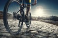 Detail of cyclist man feet riding mountain bike on outdoor trail on country road Royalty Free Stock Photo