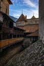 Detail of the defense walls, roofs and towers of the medieval Ca