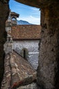 Detail of the defense walls, roofs and towers of the medieval Ca