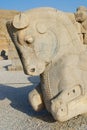 Detail of the double-headed horse sculpture at the archaeological site in Persepolis, Iran.