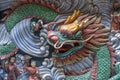 Detail of a dragon statue on a wall in a Chinese temple in Singapore, closeup Royalty Free Stock Photo