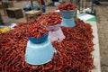 Detail of dried red chili peppers in a market stall at the town of San Juan Chamula Royalty Free Stock Photo