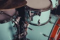 Detail of a drum kit closeup . Drums on stage retro vintage picture.