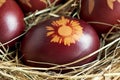 Detail of an Easter egg dyed with onion peels with a pattern of a flower