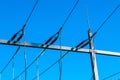 Detail of Electrical pylons under clear blue sky Royalty Free Stock Photo